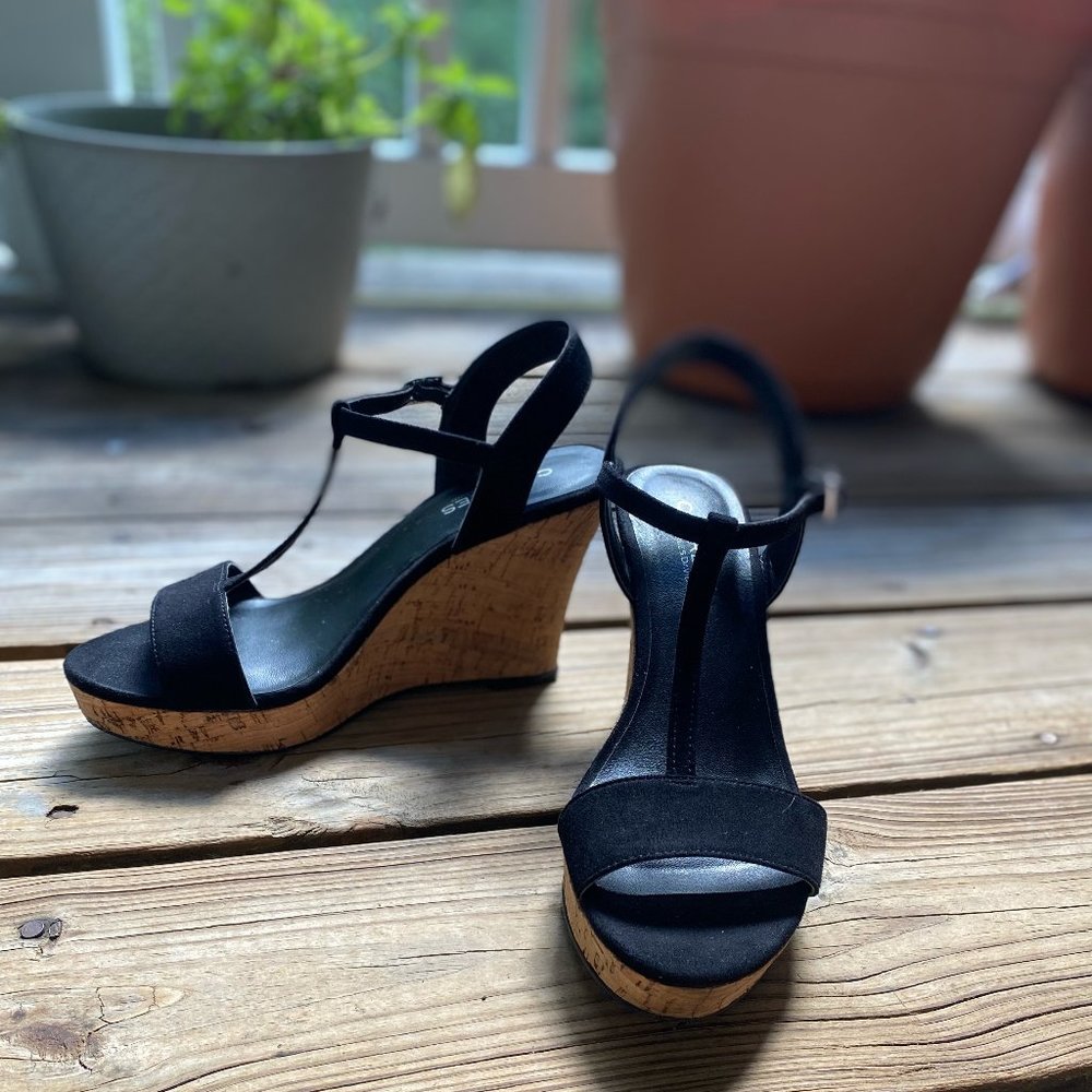 Black Suede T-strap Cork Sandals